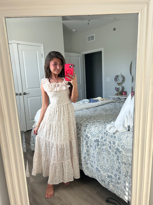 Floral Print Ivory Ruffle Maxi Dress💐