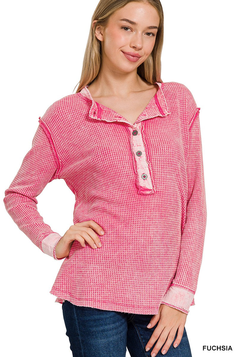 Mineral Washed Waffle Henley Long Sleeve~Fuchsia