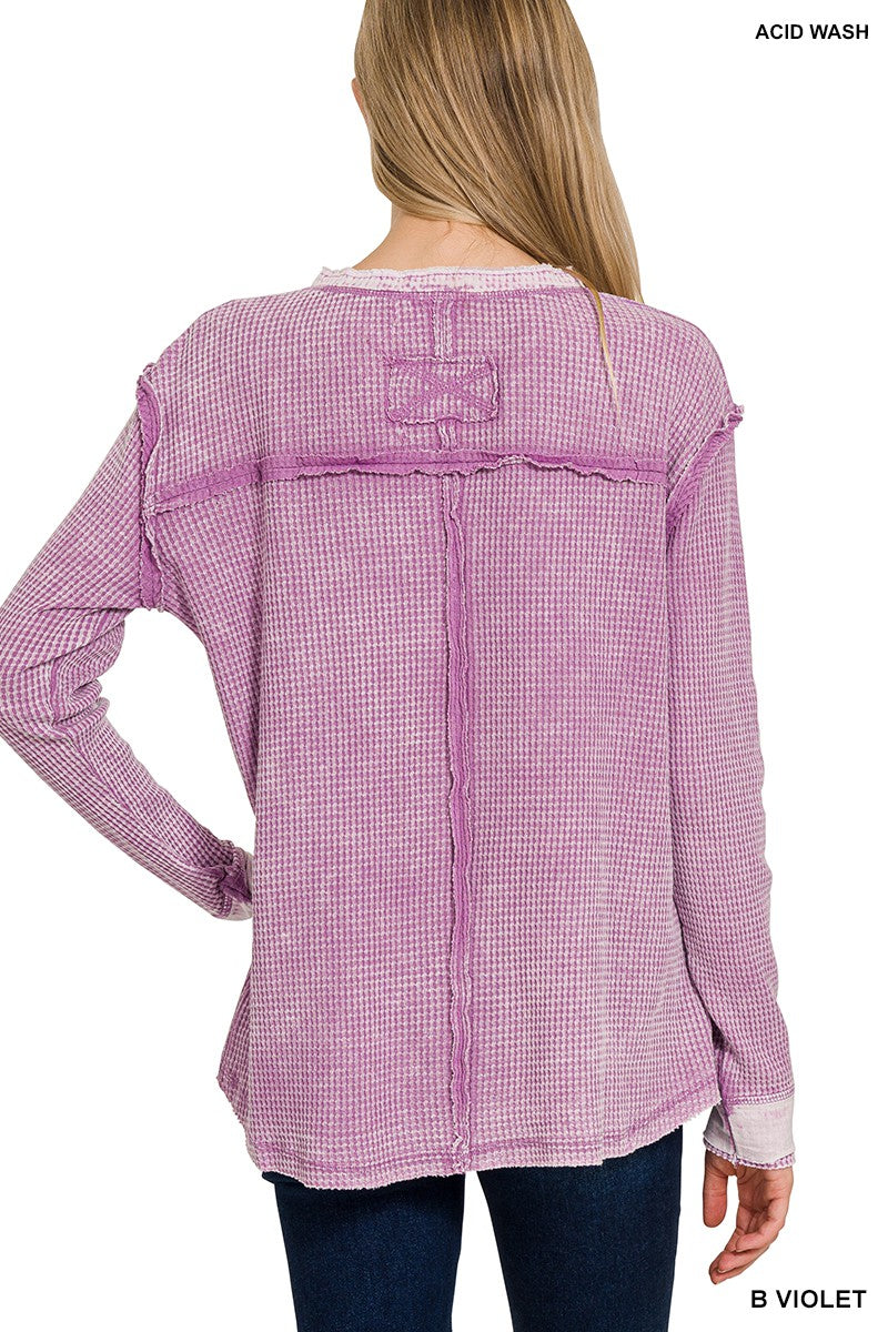 Mineral Washed Waffle Henley Long Sleeve~Fuchsia