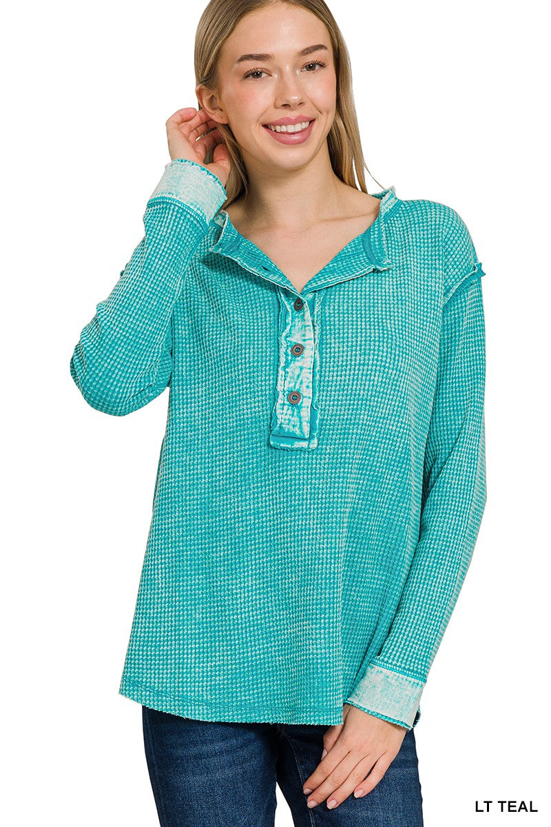 Mineral Wash Waffle Henley Long Sleeve ~ Lt Teal