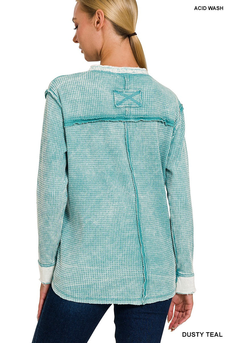 Mineral Wash Waffle Henley Long Sleeve ~ Lt Teal